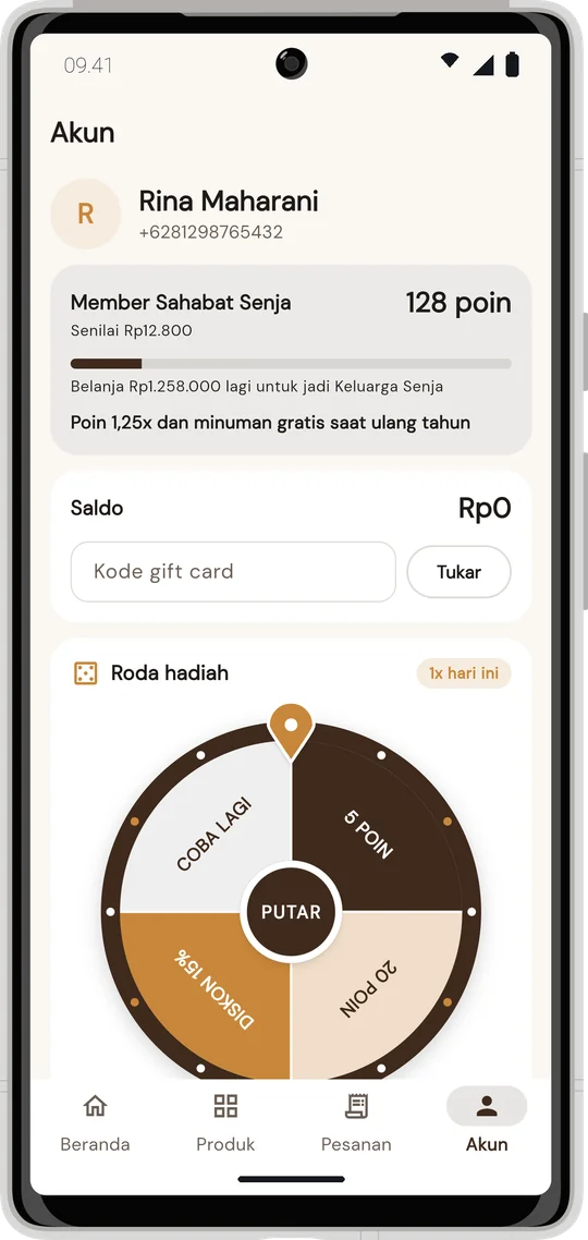 Akun pelanggan: member Sahabat Senja, 128 poin, progres ke level berikutnya, roda hadiah