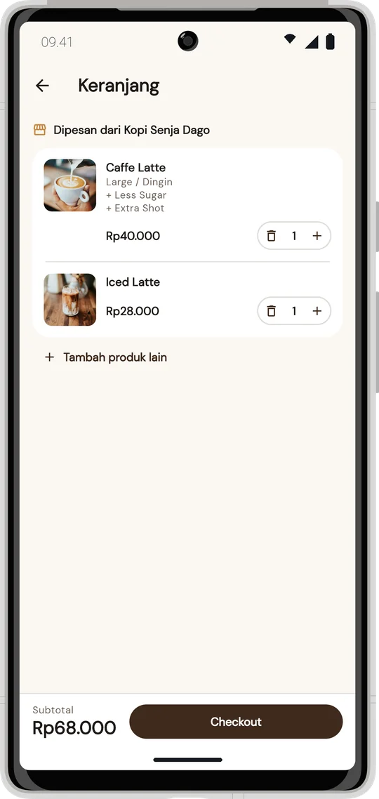 Keranjang berisi Caffe Latte dan Iced Latte, subtotal Rp68.000