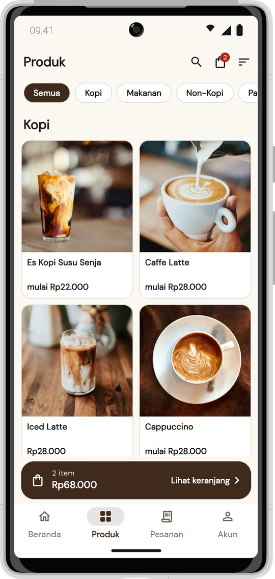 Katalog produk dengan harga coret dan tombol tambah