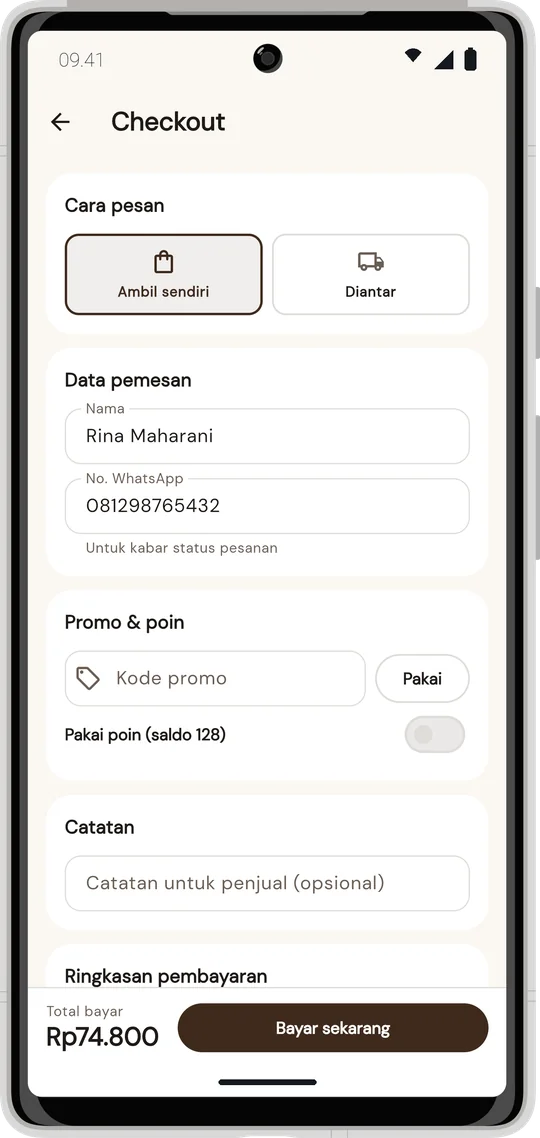 Checkout aplikasi: ambil sendiri atau diantar, data pemesan, promo dan poin