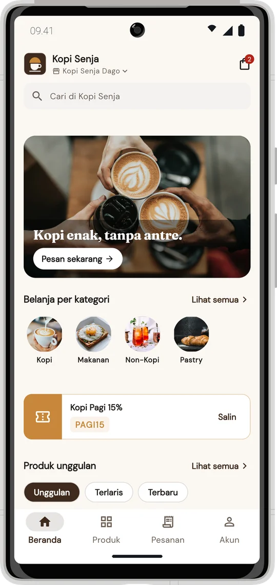 Aplikasi pelanggan bermerek toko: banner, kategori, dan voucher