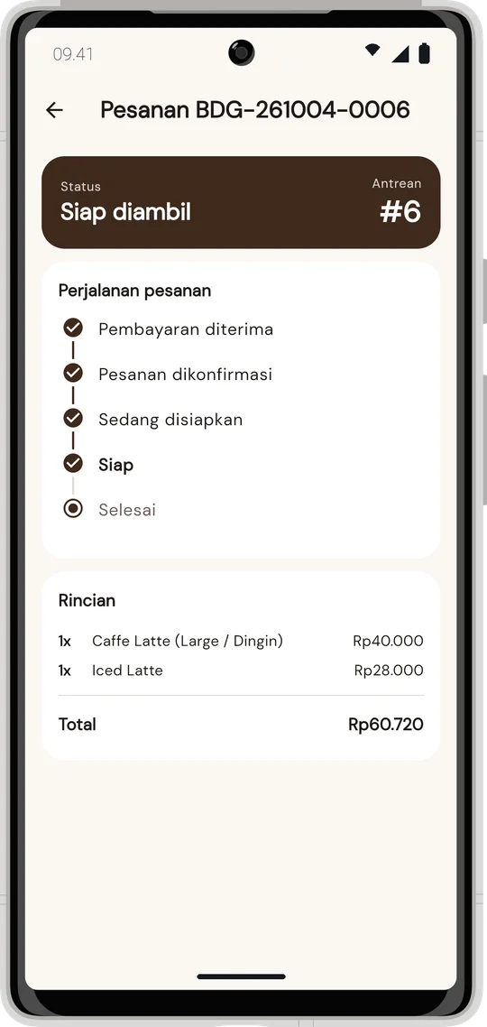 Status pesanan siap diambil, antrean nomor 6, perjalanan pesanan