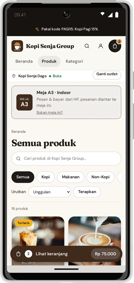 Menu Kopi Senja terbuka dari QR dengan penanda Meja A3 Indoor