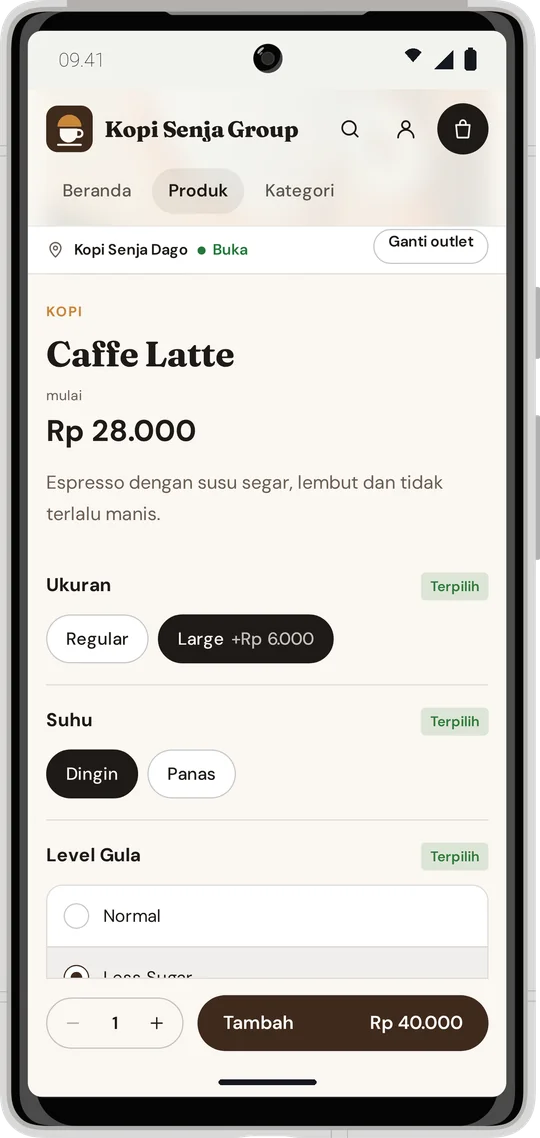 Halaman Caffe Latte dengan pilihan ukuran Large, suhu Dingin, dan level gula