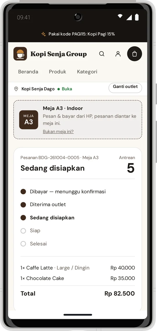 Status pesanan meja A3: dibayar, diterima outlet, sedang disiapkan, nomor antrean 5