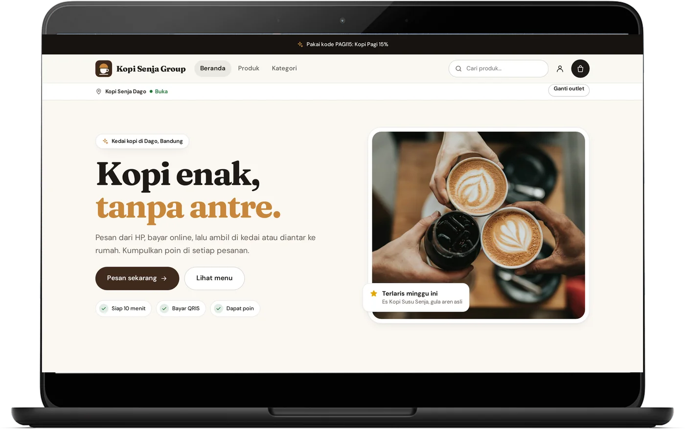 Website Kopi Senja: hero Kopi enak tanpa antre, tombol pesan, foto kopi