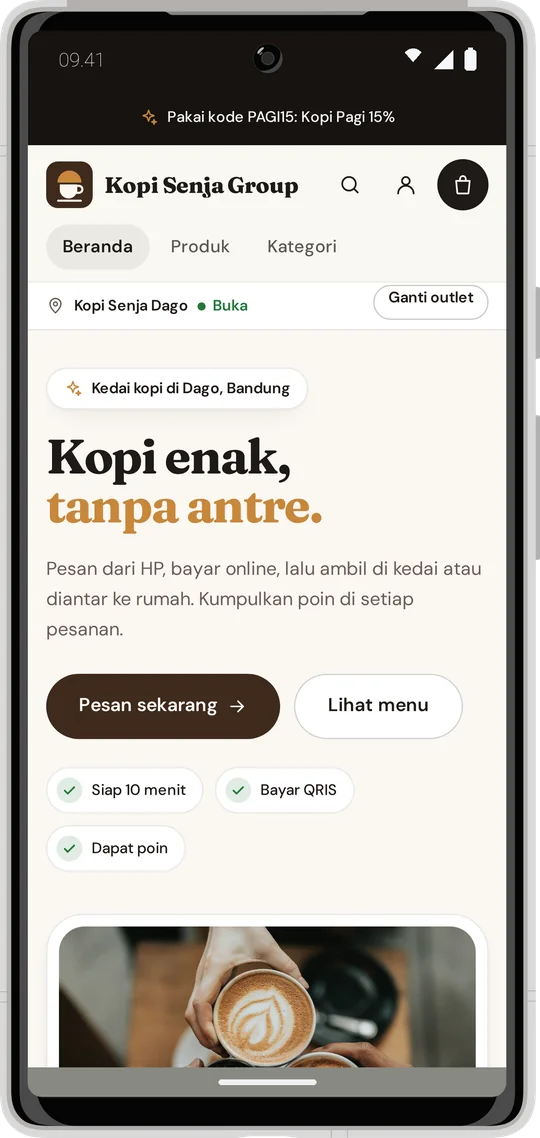 Website Kopi Senja di HP: hero dan tombol pesan